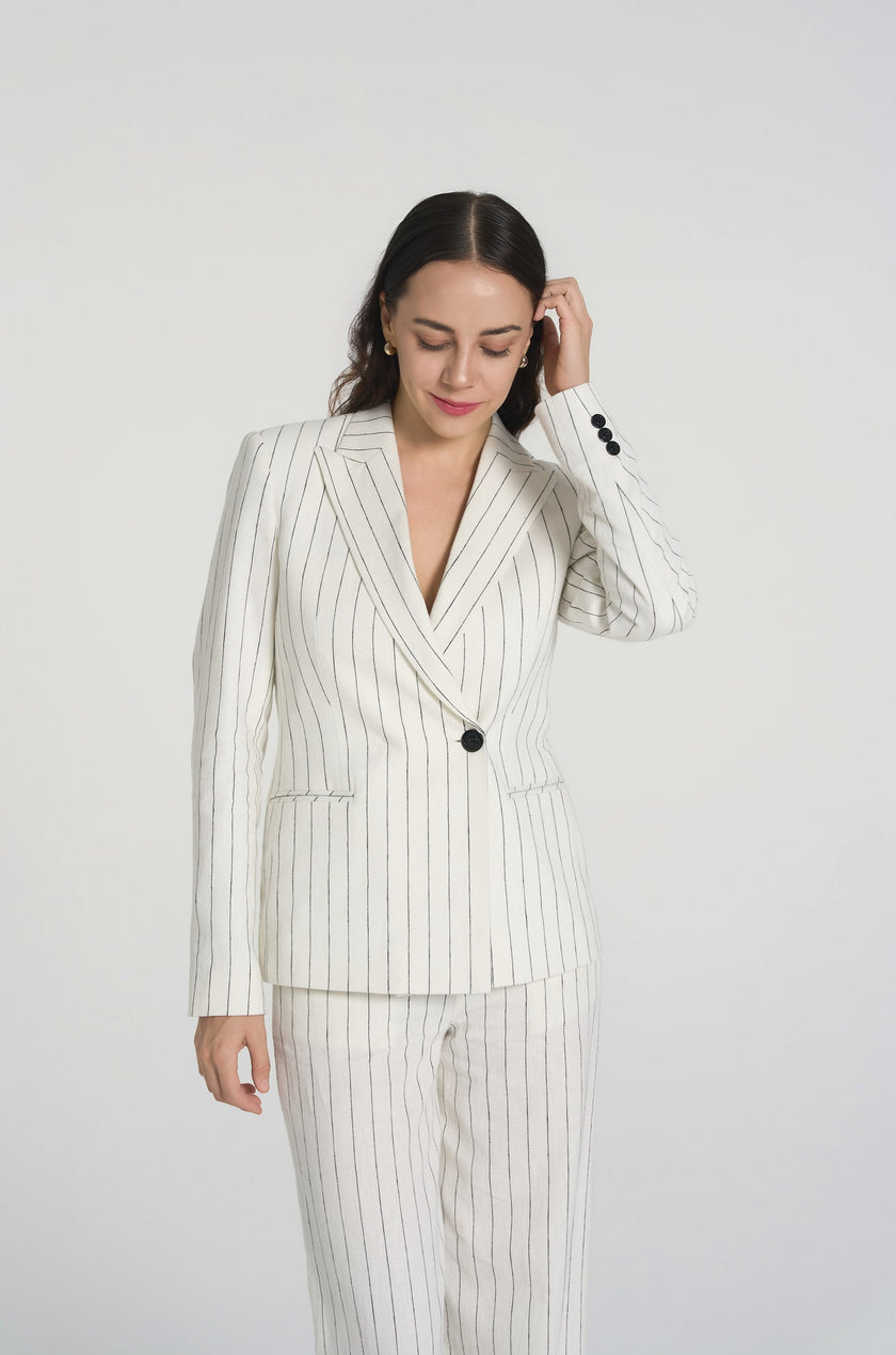 Kat - Linen/Cotton-Blend Pinstripe Suit Jacket