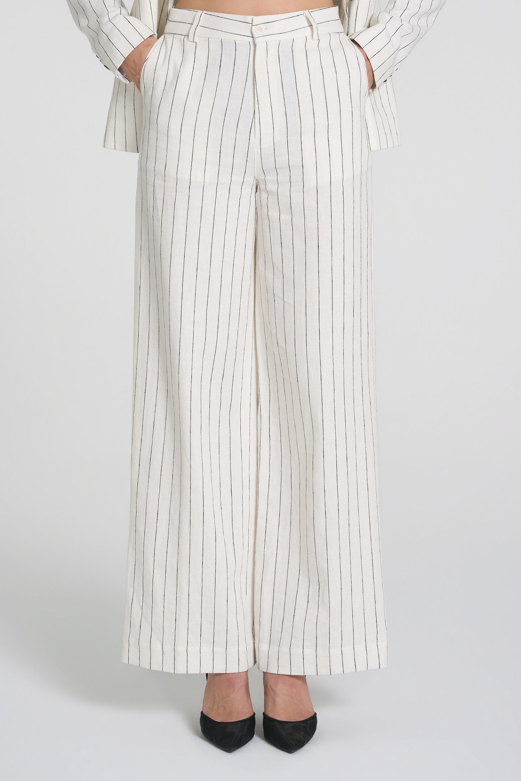 Kat - Pinstripe Suit Trousers in White/Black