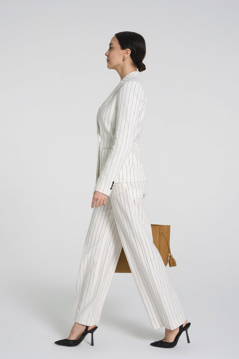 Kat - Pinstripe Suit Trousers in White/Black