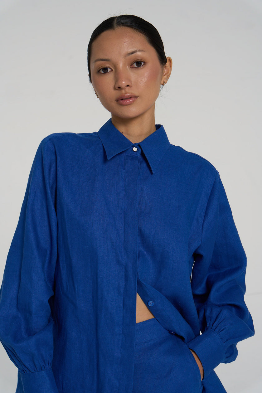 Sana - Premium Linen Shirt  - Relaxed-fit - Cobalt Blue