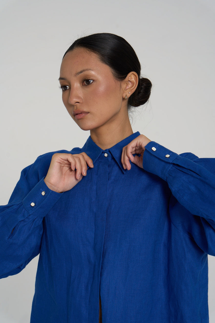 Sana - Premium Linen Shirt  - Relaxed-fit - Cobalt Blue